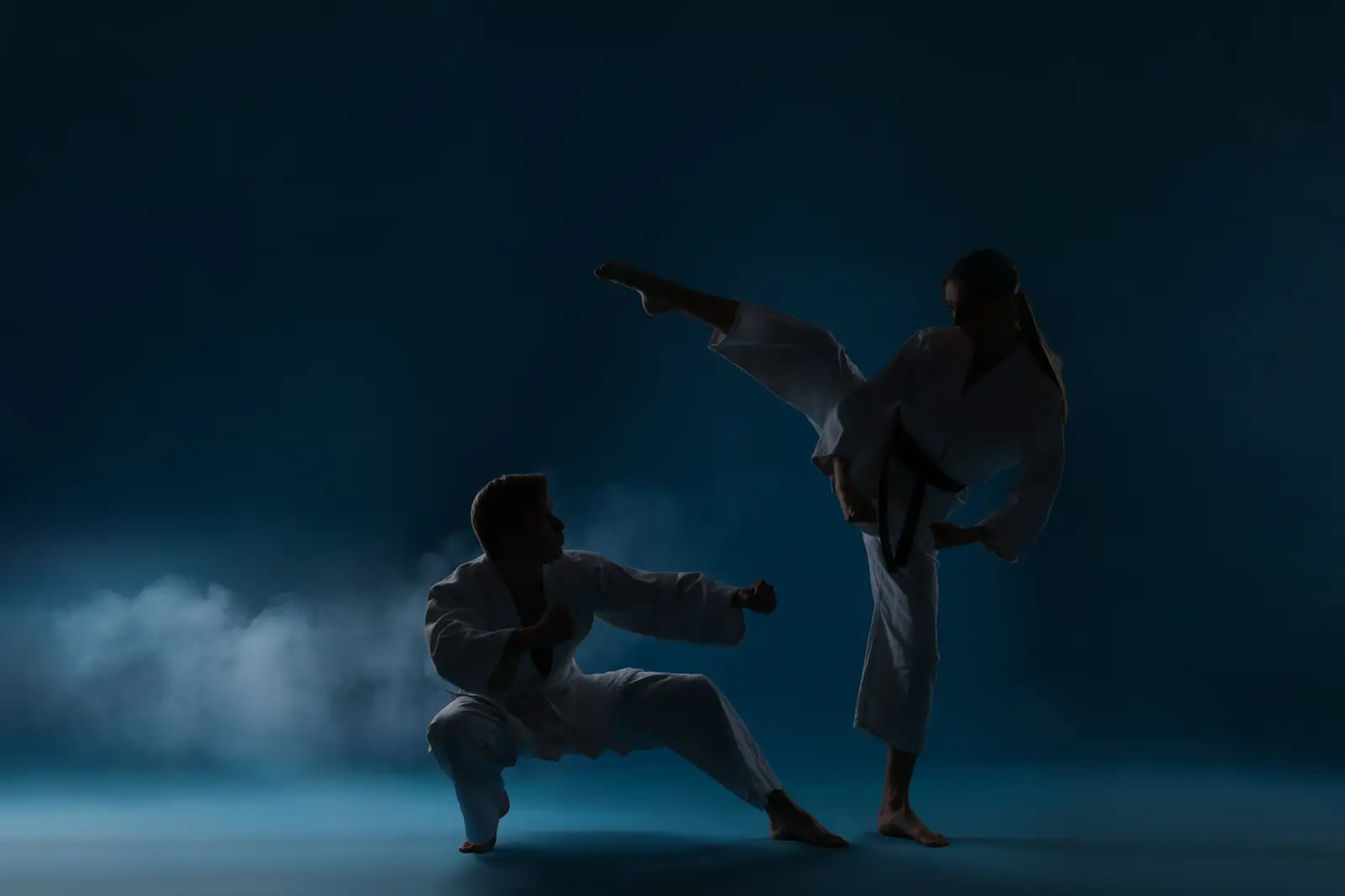 Two karateka sparring in a smoky studio, one landing a high kick
