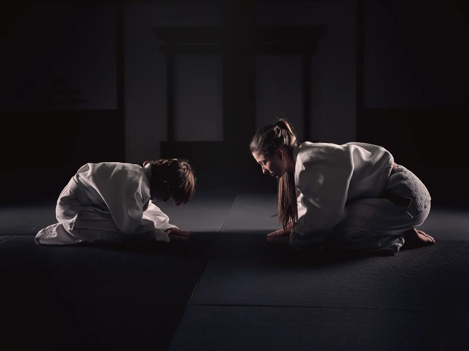 Two martial artists bowing to each other on the mat
